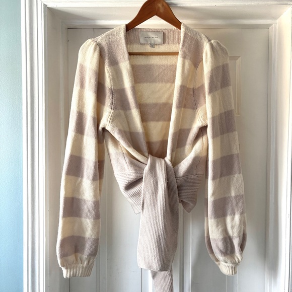 Brochu Walker Tie Front Ayla Striped Cardigan Sweater Cream Mauve Size S - Picture 2 of 15